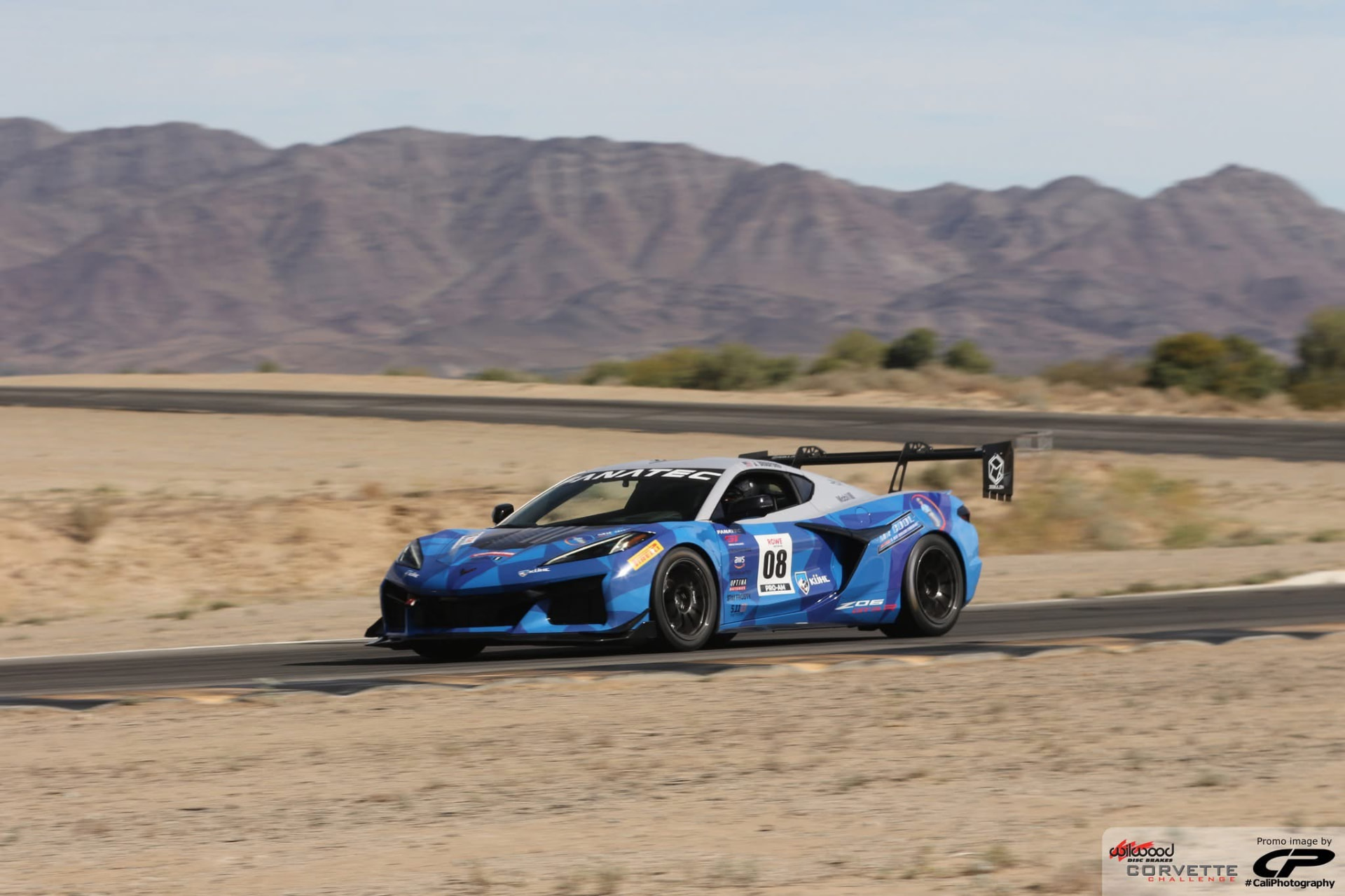 Blue C8 Corvette Z06 GT3.R on a desert straight