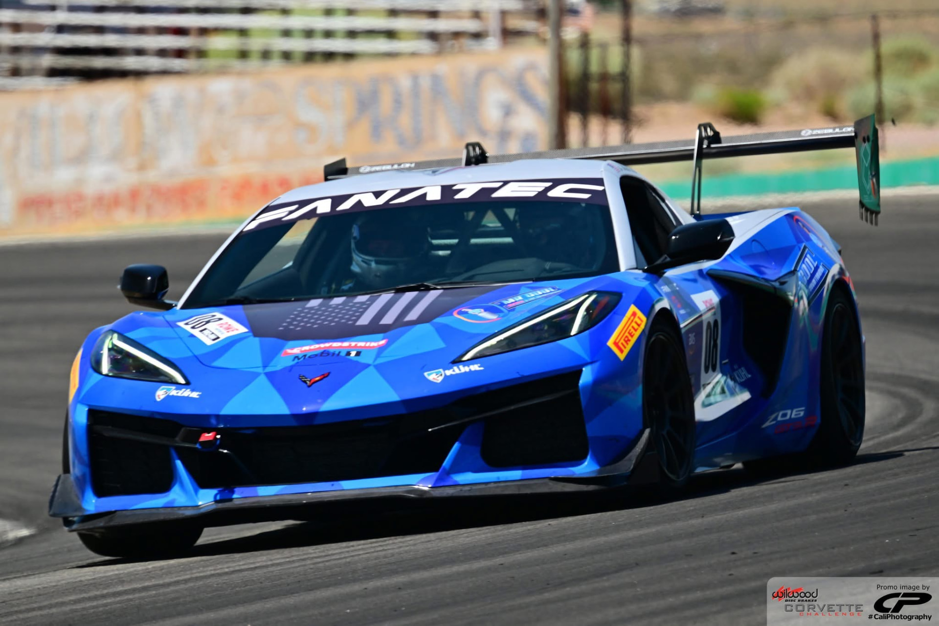 Blue C8 Corvette Z06 GT3.R cornering at Willow Springs