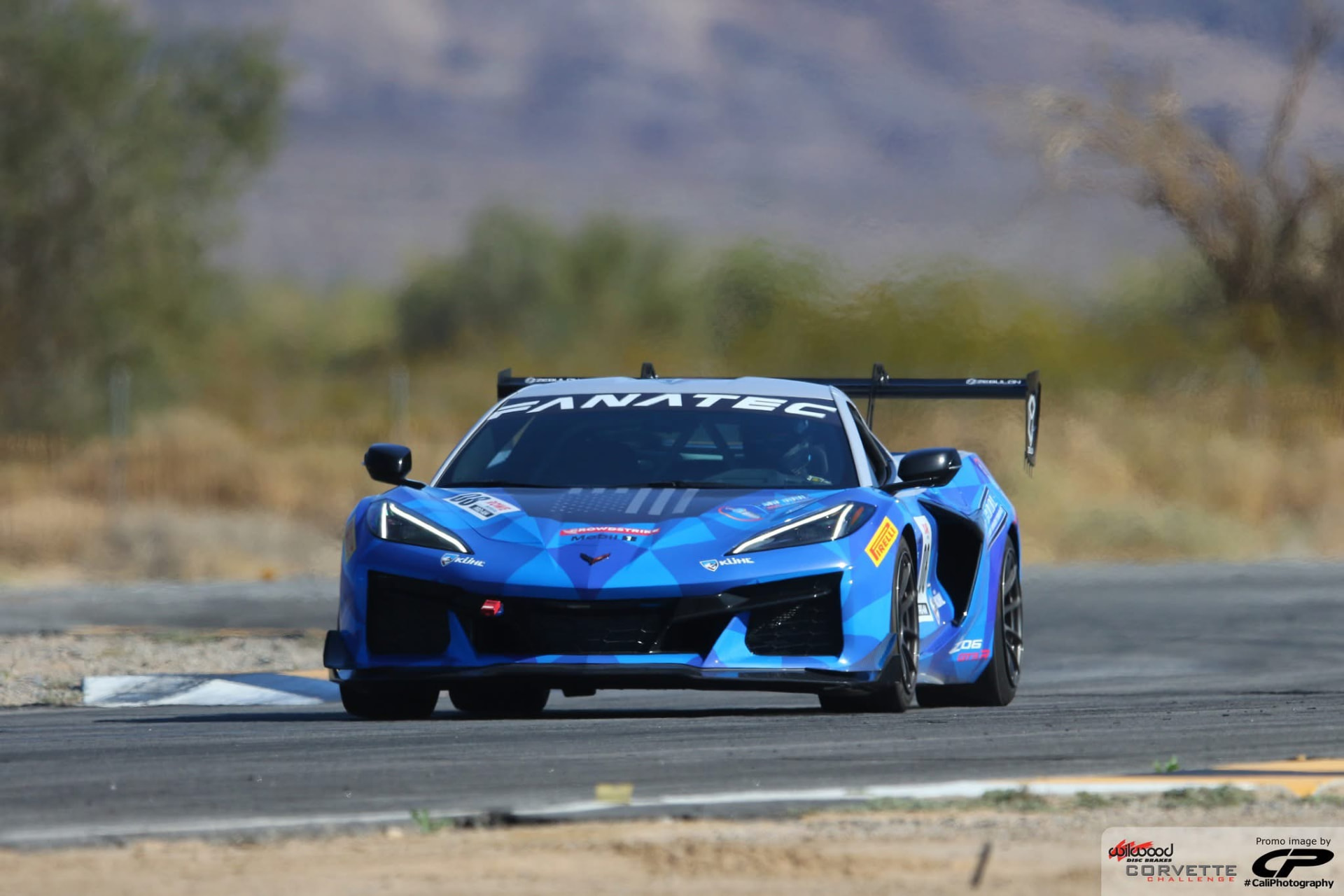 Blue C8 Corvette Z06 GT3.R on a desert circuit