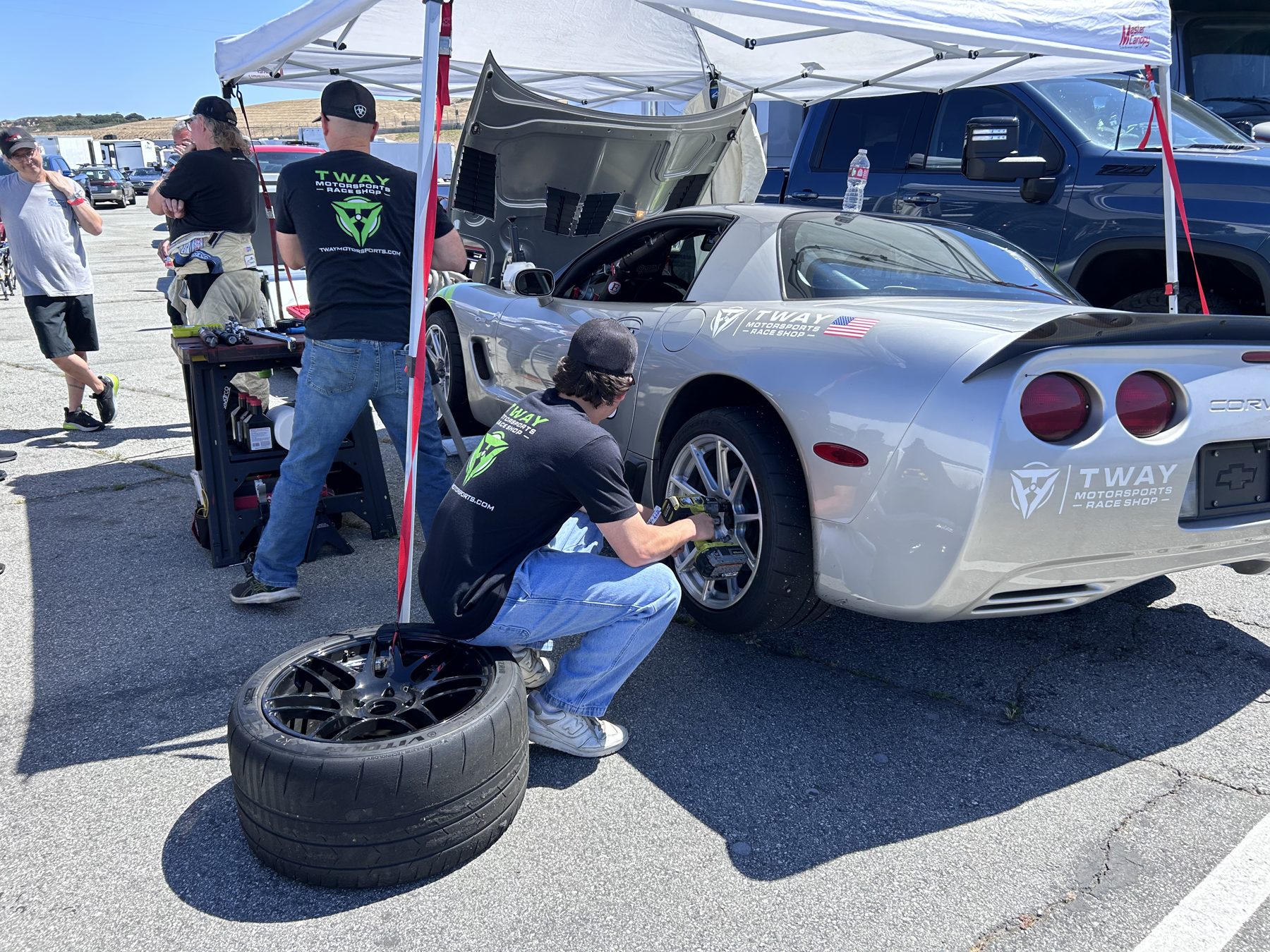 Silver #55 C5 Corvette Z06 prepped for a session
